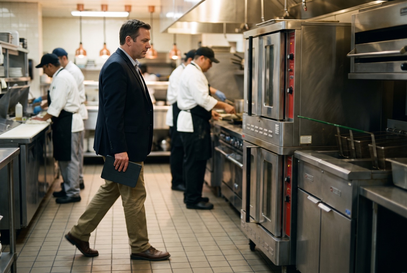 Facility manager walking a commercial kitchen line