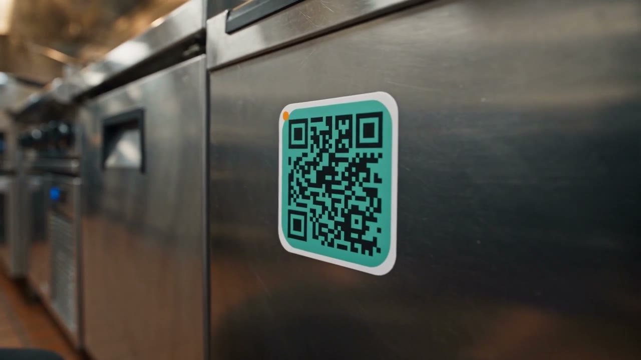 Technician applying a ScanSticker QR tag to a commercial ice machine