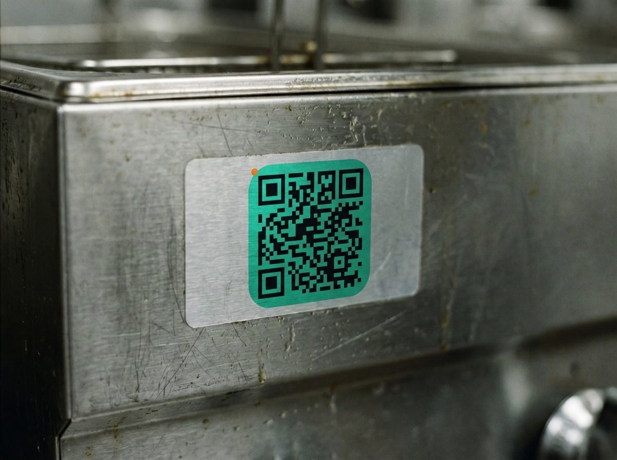 ScanSticker QR tag applied to the stainless panel of a commercial fryer