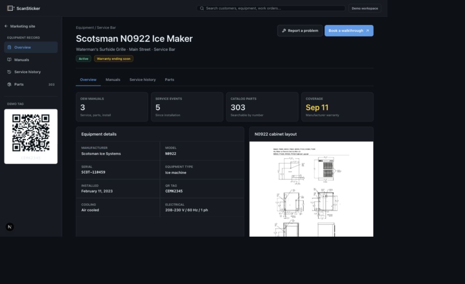 ScanSticker equipment record with warranties, components, and service history